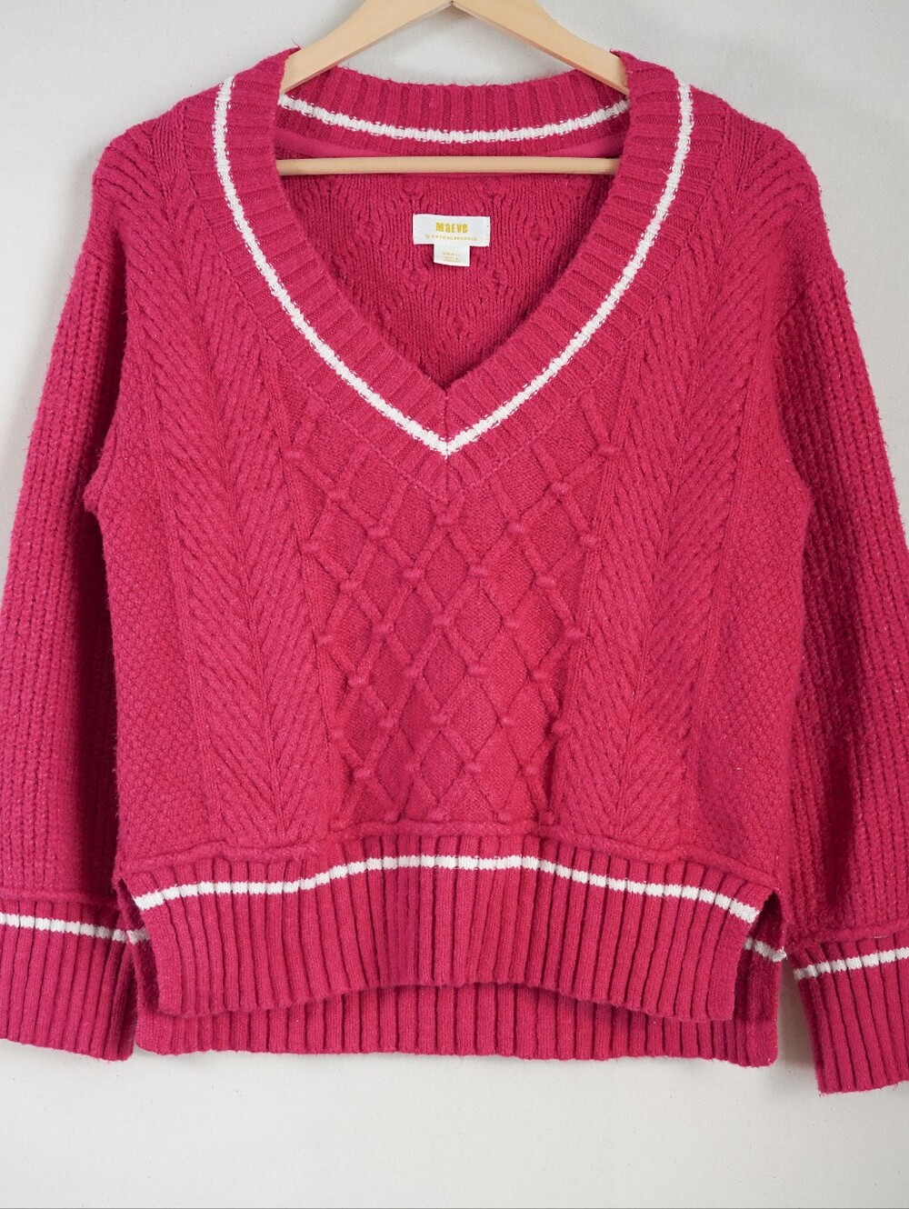 Maeve by Anthropologie Tilly Pink Cable Knit V-Neck Pullover Sweater Small